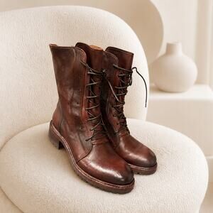 Untamed Streets Italian Leather Brown Lace-Up Combat Boots Lug Sole Women's EU38